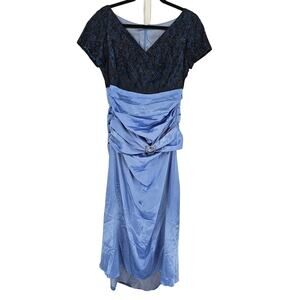 Women's Blue & Black Floral Beaded Ruched V-Neck Fit & Flare Prom Dress Size L